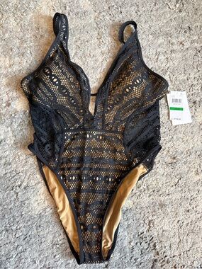 NWT Becca Black Lace One-Piece Swimsuit size L